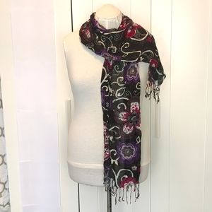 Black Pink and Purple Floral Print Sheer Scarf